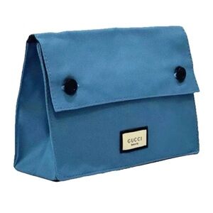 Gucci Beauty Blue Cosmetic Makeup Bag Travel Pouch Cotton Fold Over Button
